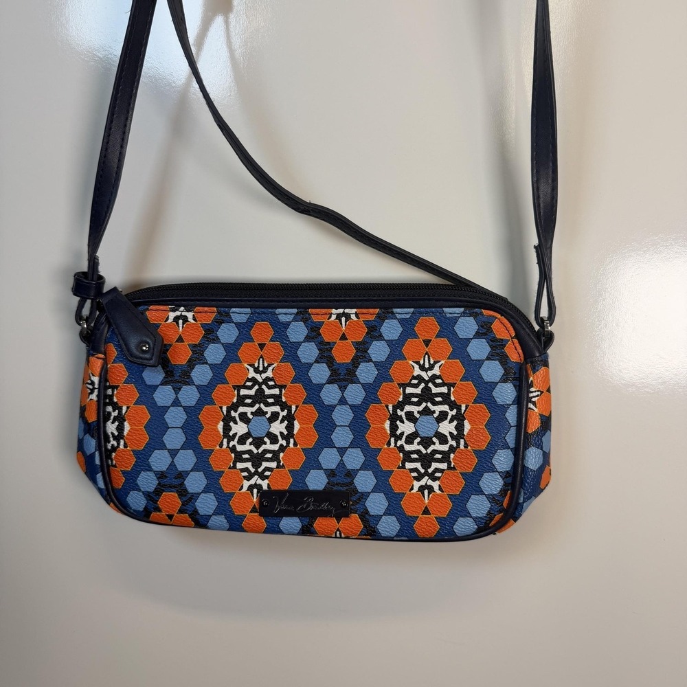 Vera Bradley Crossbody Bag Womens Small Blue Geometric Faux Leather Zip Pattern